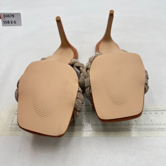 FSJ Nude Square Open Toe Stiletto Heels Rhinestones Sandals Mules Two Strap Shoe - Picture 6 of 7